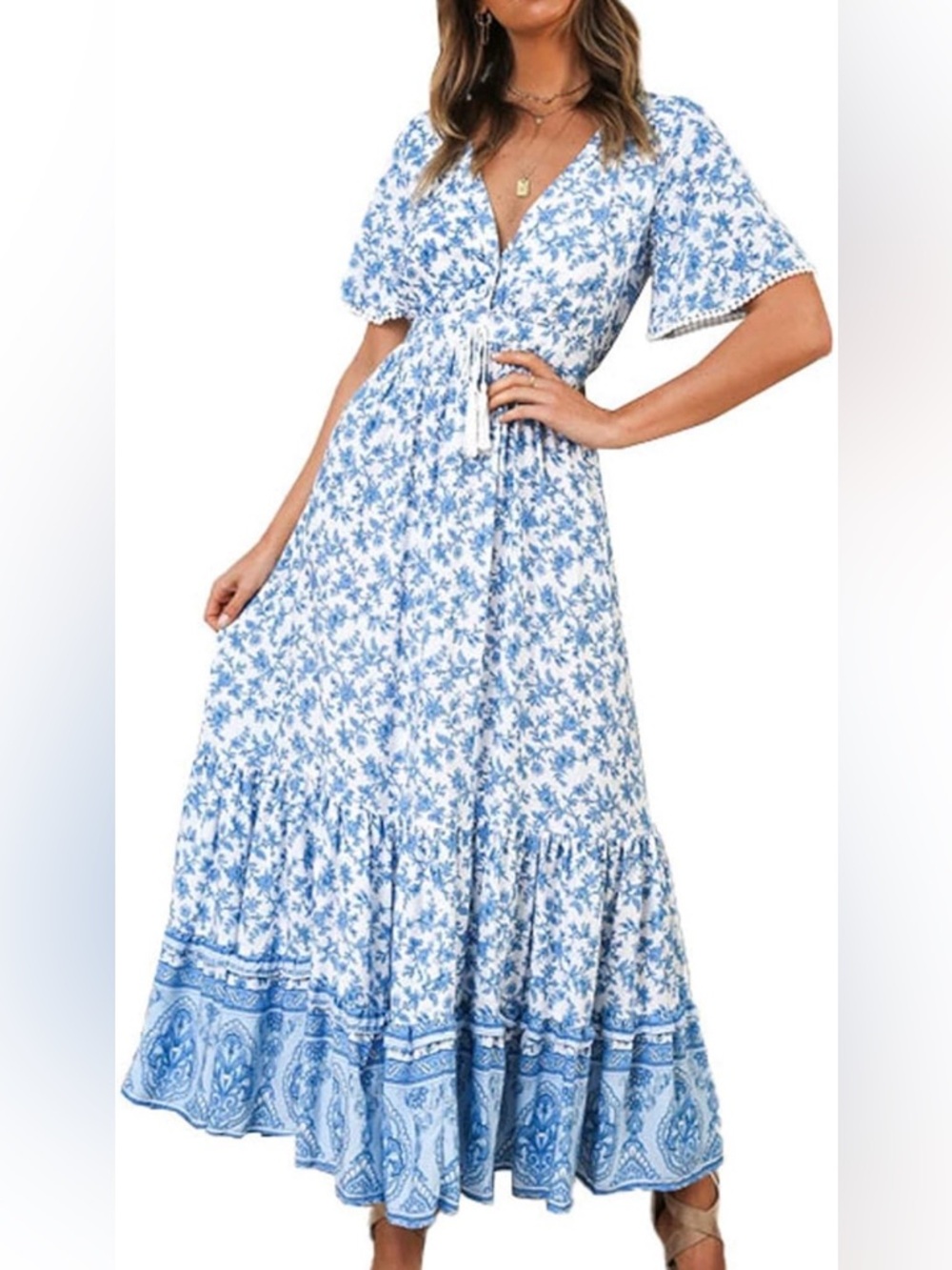 Blue Floral Maxi Dress with Tie Waist